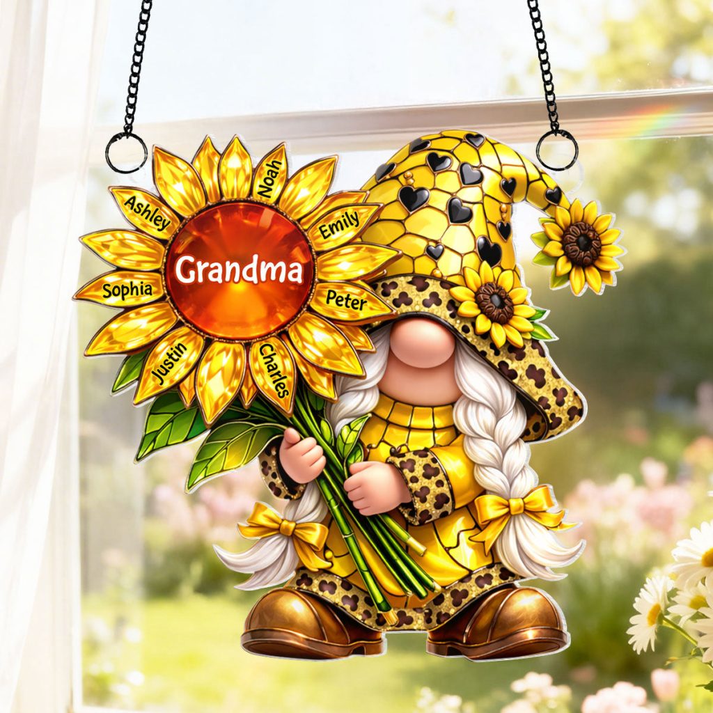 Grandma Gnome Sunflower - Personalized Suncatcher Ornament - Heartfelt Mother's Day Gift For Grandma