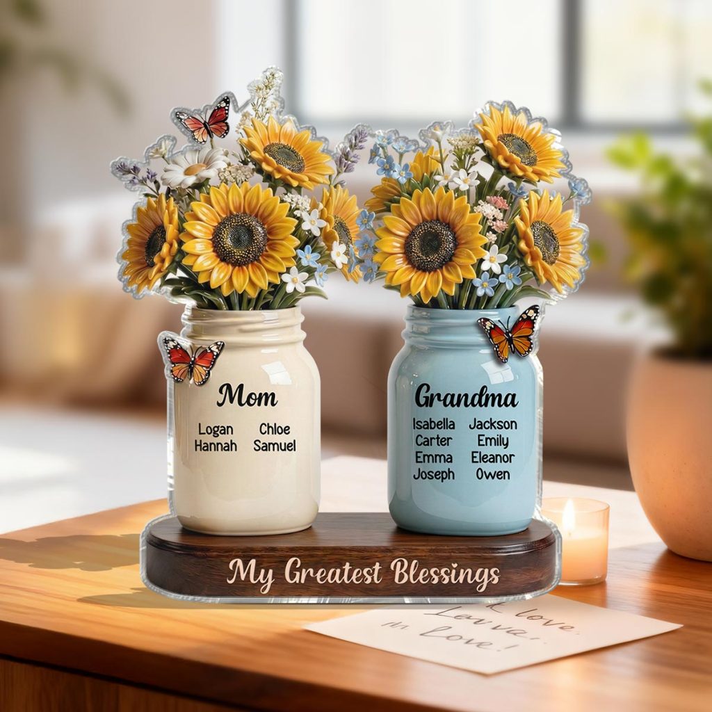 Mom Grandma Sunflowers Jars Custom Names 2d Flat - Personalized Acrylic Block Plaque - Mother's Day Gift For Grandma