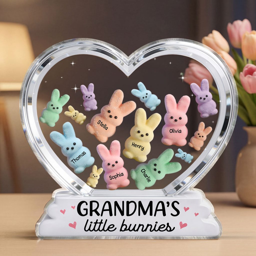 Grandma's Little Bunnies Colorful Bunnies In Heart 2d Flat - Personalized Acrylic Block Plaque - Easter Home Decor Gift For Grandma