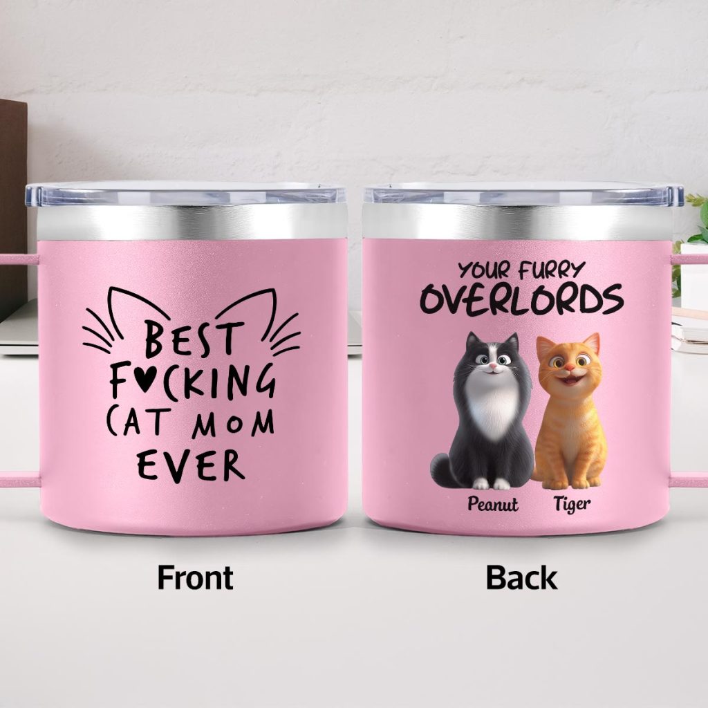 Best Fcking Cat Mom Ever Cartoon Cats - Personalized Stainless Steel Tumbler With Handle - Mother's Day Gift For Cat Lovers